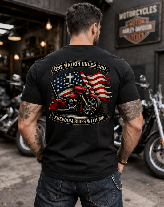 One Nation Under God Biker T-Shirt Patriotic Motorcycle Tee American Flag Christian Mens Black Shirt