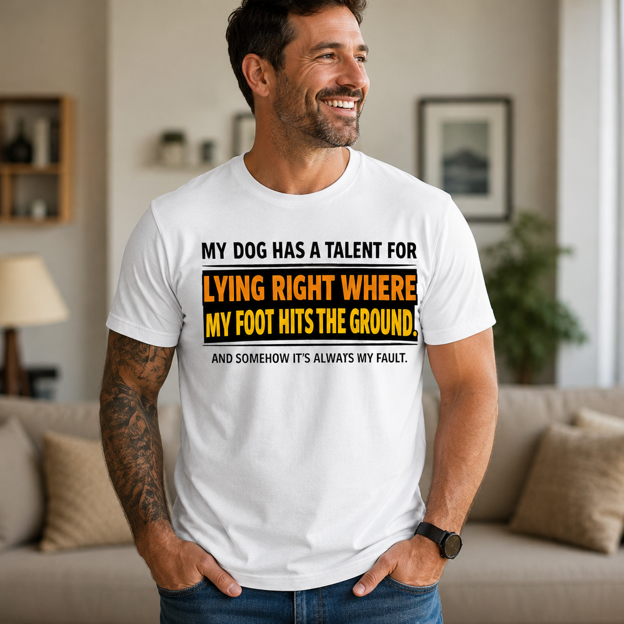 My Dog Has a Talent for Lying Right Where My Foot Hits the Ground Funny Dog Owner T-Shirt