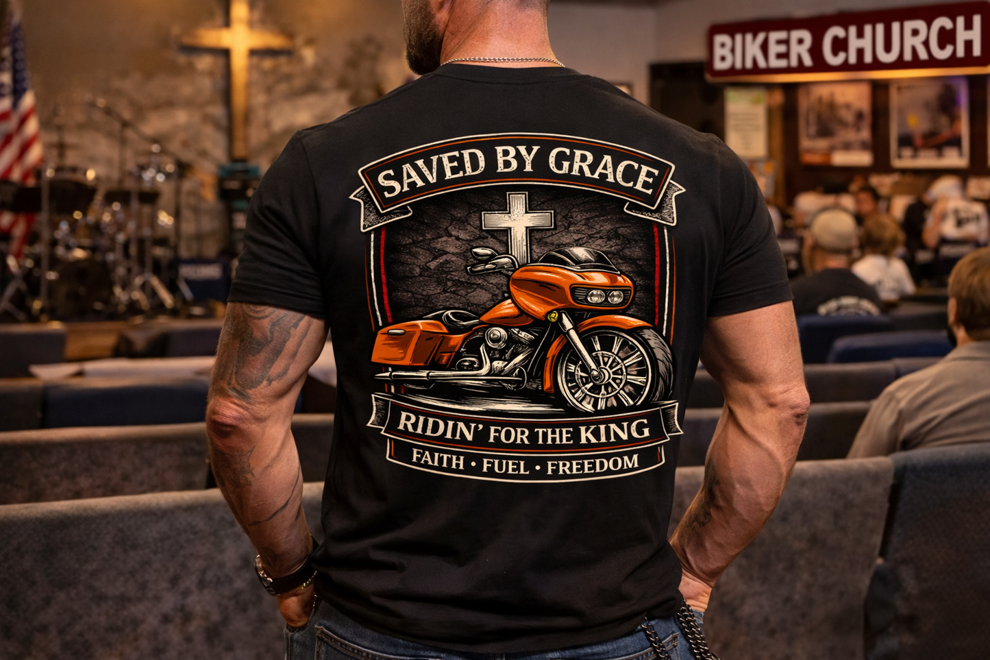 Saved By Grace Biker T-Shirt Christian Motorcycle Tee Riding For The King Faith Bagger Back Patch
