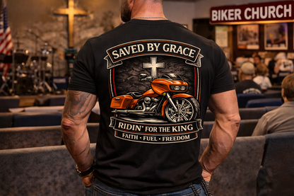 Saved By Grace Biker T-Shirt Christian Motorcycle Tee Riding For The King Faith Bagger Back Patch
