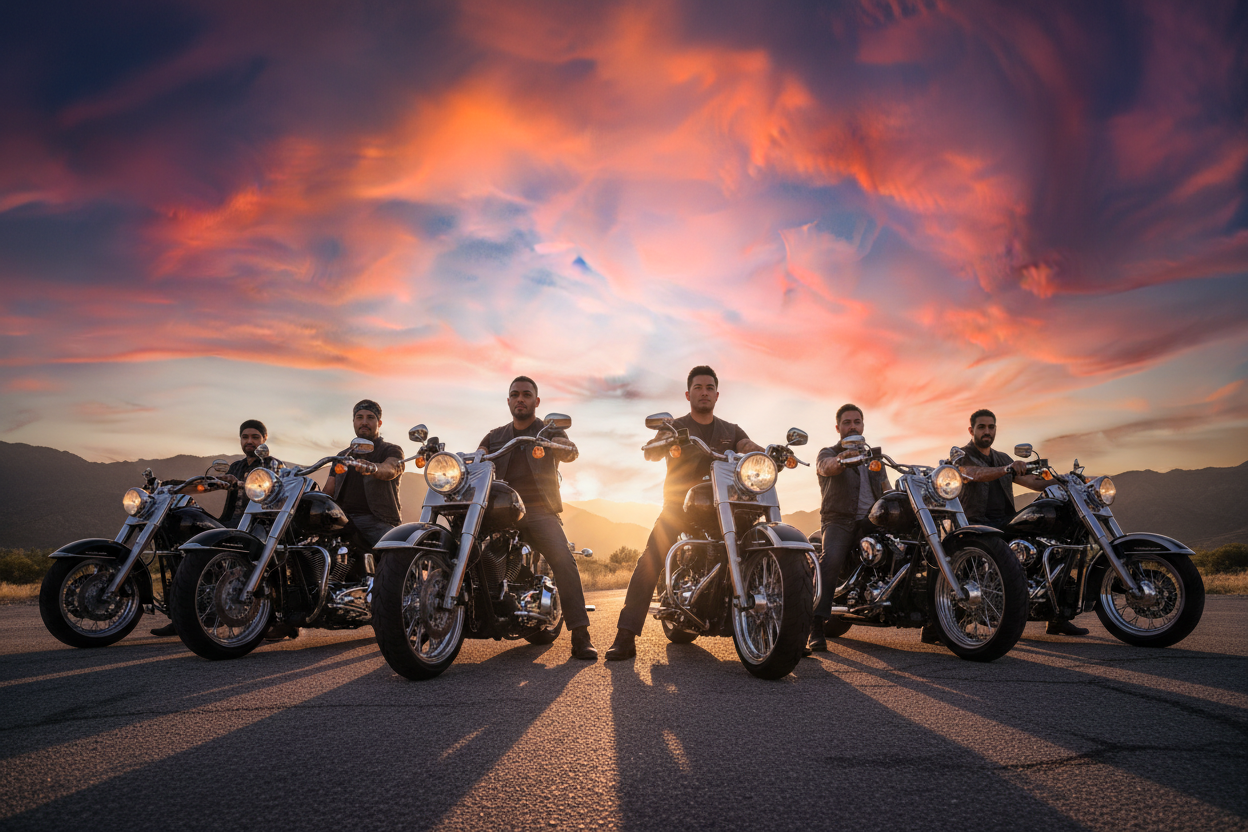 7 MEN ON HARLEYS STARING AT A CAMERA WITH DIFFERENT RACES WITH MOUNTAINS AND SUNSET BEHIND THEM