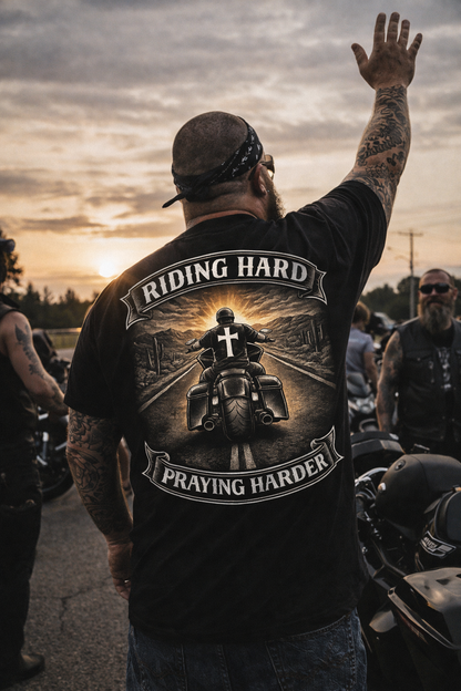 Riding Hard Praying Harder Biker Shirt | Christian Motorcycle Tee | Faith Rider Shirt | Cross Biker Tee | Christian Bagger Shirt | Faith Motorcycle Apparel