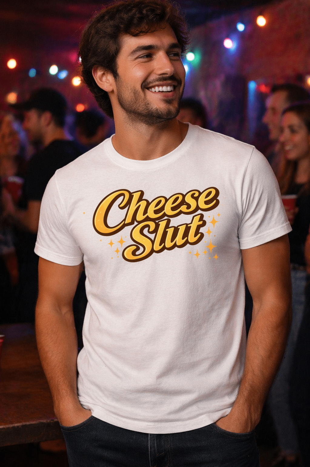 Cheese Slut Retro Script Tee – Bold Foodie Statement Shirt with Golden Drip Vibes