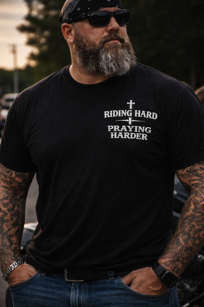Riding Hard Praying Harder Biker Shirt | Christian Motorcycle Tee | Faith Rider Shirt | Cross Biker Tee | Christian Bagger Shirt | Faith Motorcycle Apparel