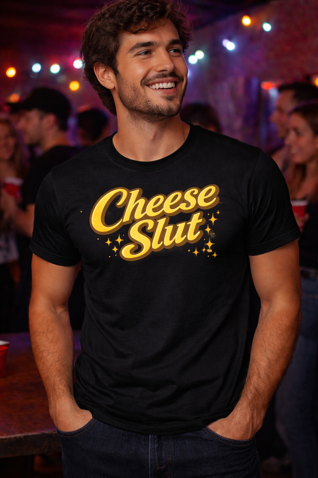Cheese Slut Retro Script Tee – Bold Foodie Statement Shirt with Golden Drip Vibes