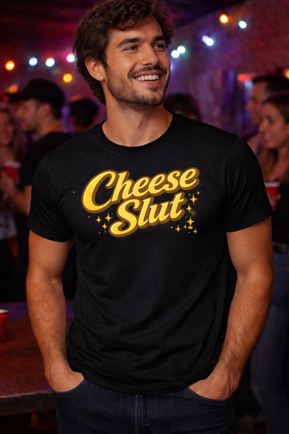 Cheese Slut Retro Script Tee – Bold Foodie Statement Shirt with Golden Drip Vibes