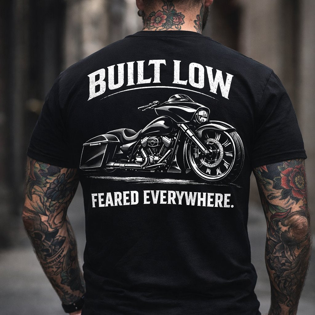 Built Low Feared Everywhere T-Shirt | Bagger Motorcycle Shirt | Low Rider Bagger Tee | Street Glide Road Glide Shirt | Outlaw Biker Shirt | Bagger Life