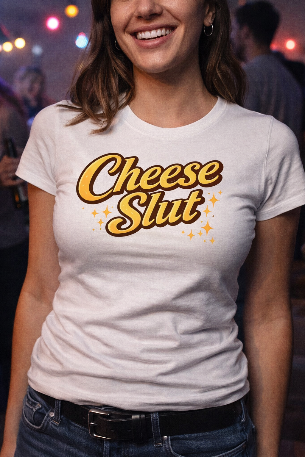 Cheese Slut Retro Script Tee – Bold Foodie Statement Shirt with Golden Drip Vibes